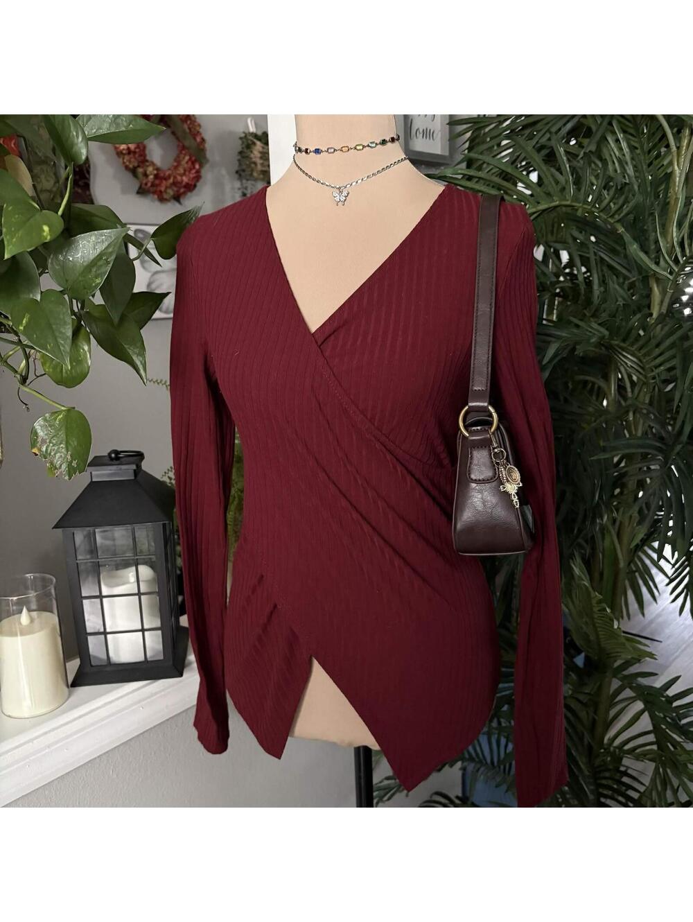burgundy vneck wrap top